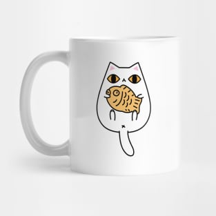 White Cat Holding a Taiyaki Cake Mug